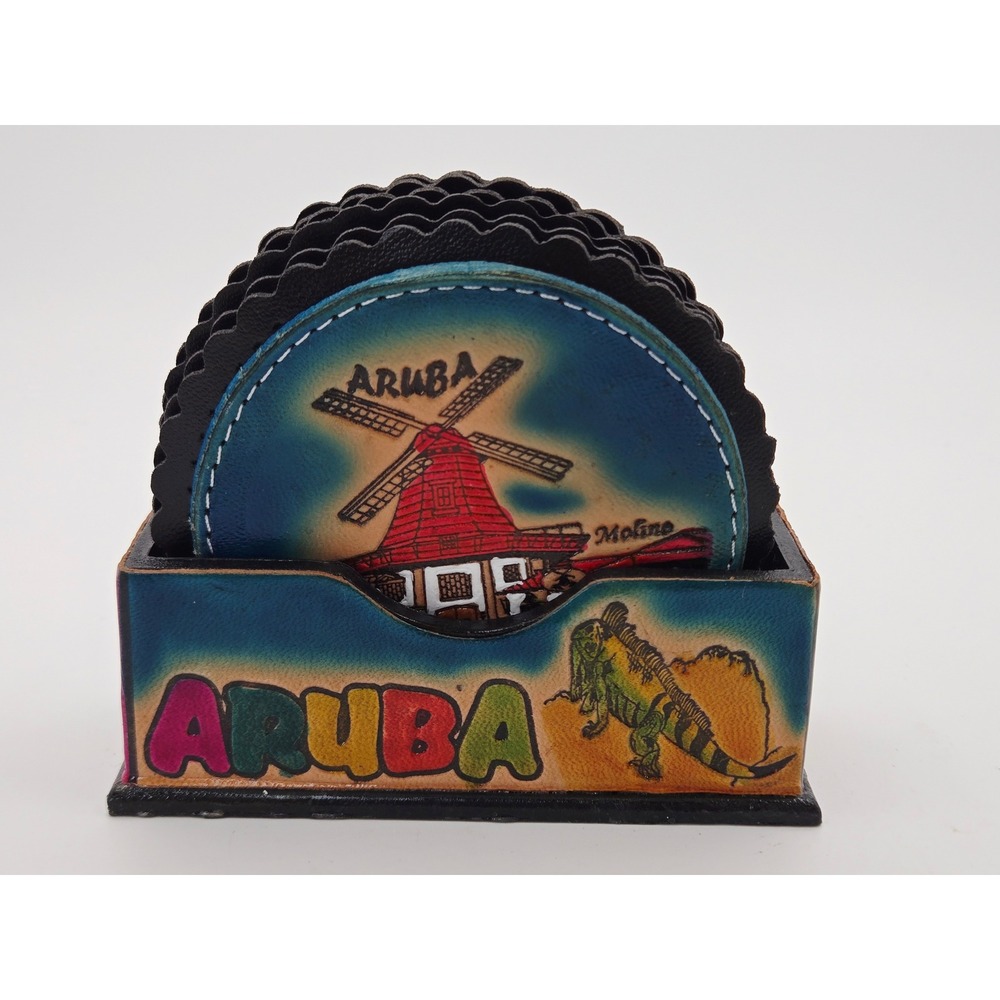 Leather Hand Painted ARUBA Coaster Set 6 Coasters + Holder Souvenir Gift NEW